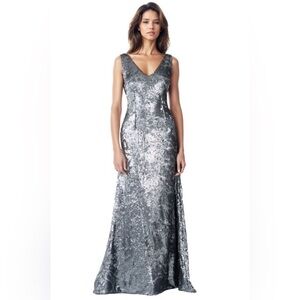 Rene Ruiz Collective V-neck Sequin Gown in "Silver" Size 10